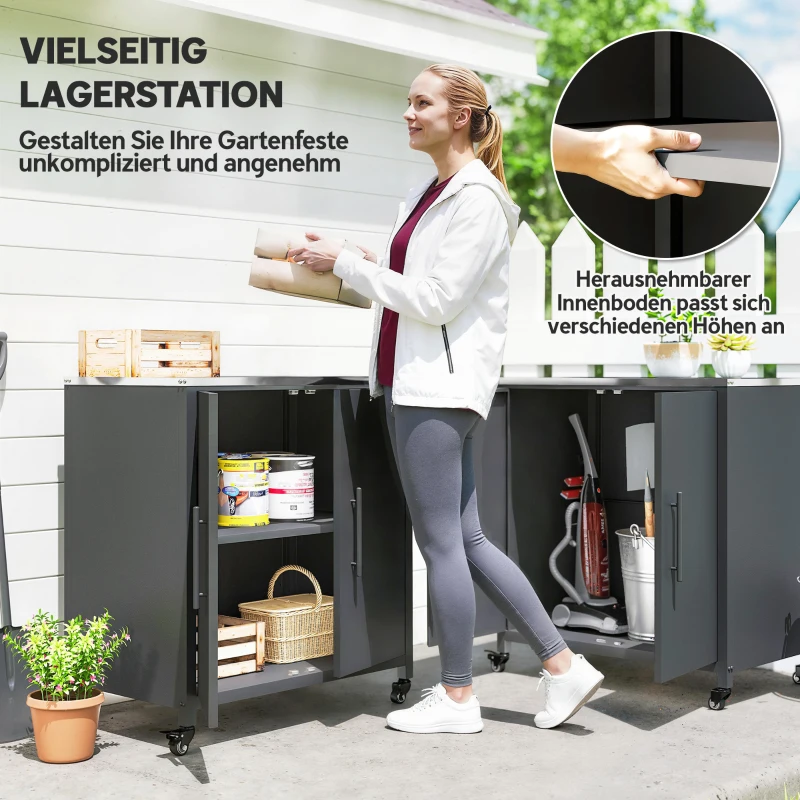 Outsunny Gartenschrank mit Pflanztisch Geräteschuppen mit Edelstahl Arbeitsplatte abnehmbar Regal magnetisch Doppeltür Rolle