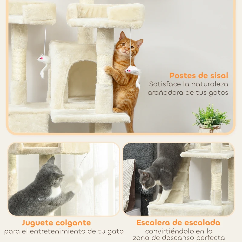 PawHut Árbol Rascador para Gatos Árbol para Gatos 153 cm con 2 Cuevas 3 Camas 2 Rampas Postes de Sisal Ratones Colgantes Crema