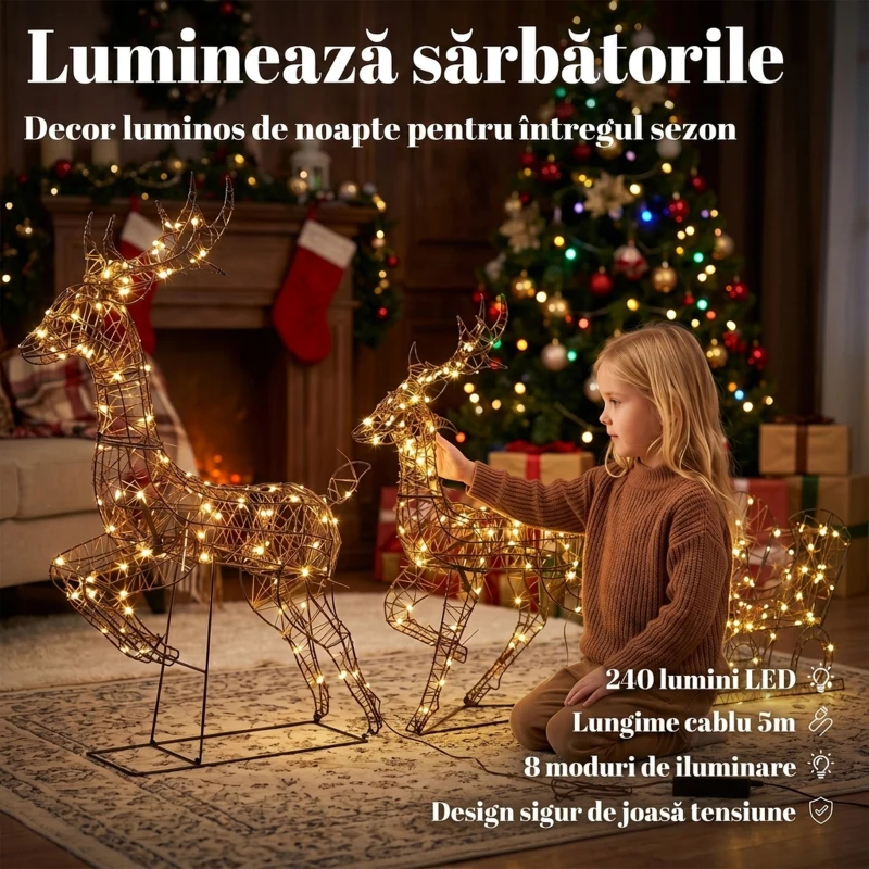 Outsunny set de Crăciun 3 piese cu reni și sanie, 240 LED, 105 cm, alb cald
