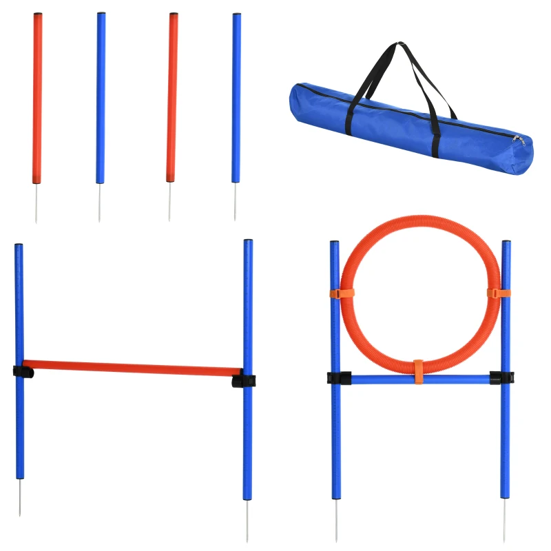PawHut Agility Set Hunde, 3-teiliges Agility Ausrüstung mit Hürden, Slalomstangen, Springring, Aufbewahrungstasche, Steckhürdenset für Hundetraining, Trainingsset für Hunde Blau+Rot