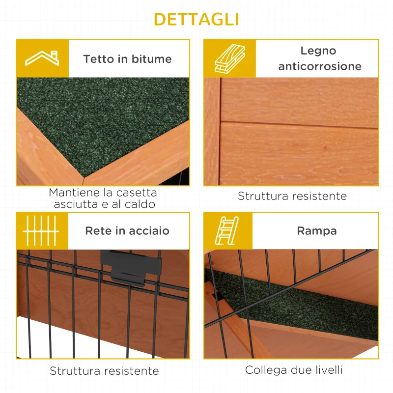 PawHut Conigliera da Esterno a 2 Livelli in Legno con Vassoio Rimovibile per 1-2 Conigli, Arancione