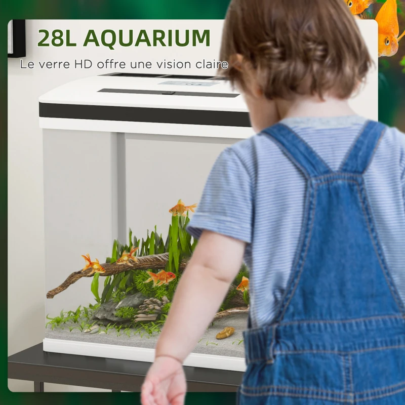 PawHut Aquarium en verre avec filtre couvercle et lumière LED pour poissons capacité 28L 38 x 26 x 39,5 cm blanc