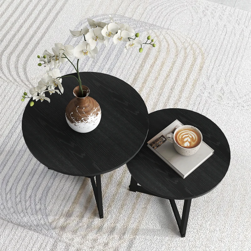 HOMCOM Moderner Couchtisch als 2er-Set, Metallrahmen, MDF, Rundes Design, ineinander verschiebbar, Schwarz