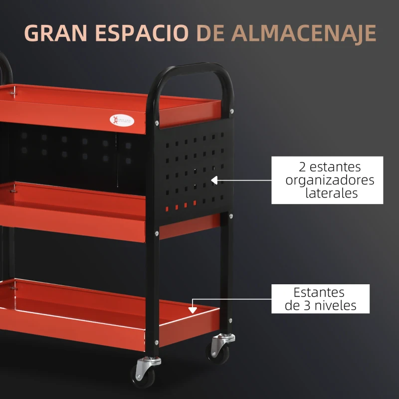DURHAND Carro de Herramientas con 3 Estantes Paneles Perforados y Ruedas con Freno para Garaje Taller Almacén 75x35x80 cm Negro