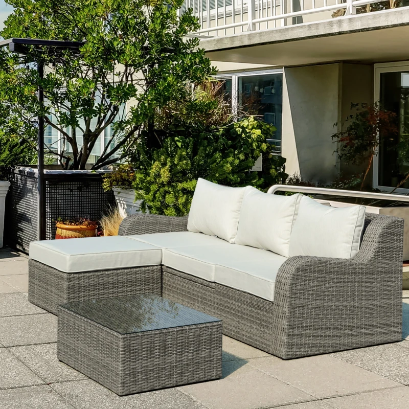 Outsunny Polyrattan Gartenmöbel Set für 3 Personen Gartengarnitur mit Beistelltisch Kissen Aluminium Hellgrau+Beige