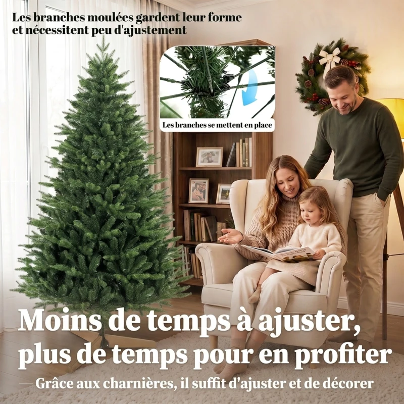 HOMCOM Sapin de Noël Artificiel 180 cm, Arbre de Noël avec 889 Pointes de Branches Articulées Réalistes, Support en Bois, Vert
