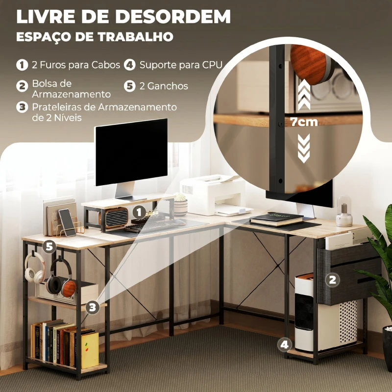 HOMCOM Secretária de Canto Reversível em L 168-240 cm Industrial com Suporte para Monitor e CPU, Prateleiras e Bolsa Lateral, Natural
