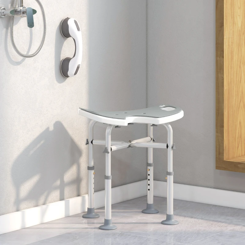 HOMCOM Tabouret de douche siège de douche hauteur ajustable 39-51,5 cm barre d'appui à ventouse patins à ventouse gris