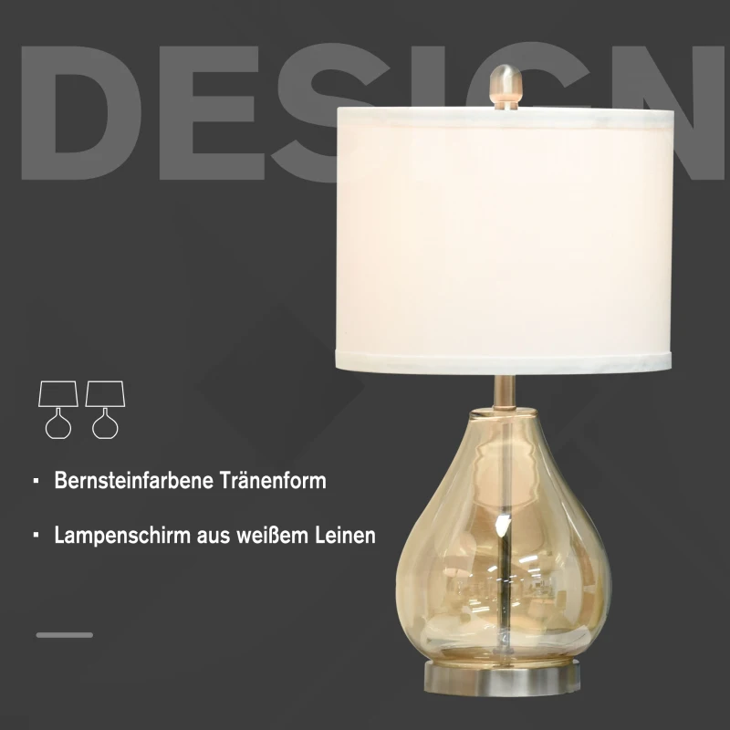 HOMCOM Tischlampe 2er-Set Tischleuchte mit Leinen-Lampenschirm, Glas tropfenförmigen Stangen, Nachttischlampe mit E27-Fassung, für Schlafzimmer, Wohnzimmer, Weiß