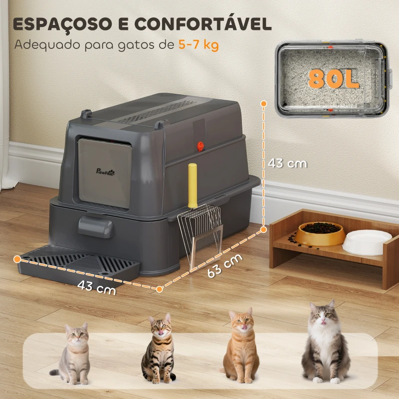 PawHut Caixa de Areia para Gatos de Aço Inoxidável XL com Tampa Articulada 180° Laterais Altas Pedal Pá 63x43x43 cm Cinzento Escuro