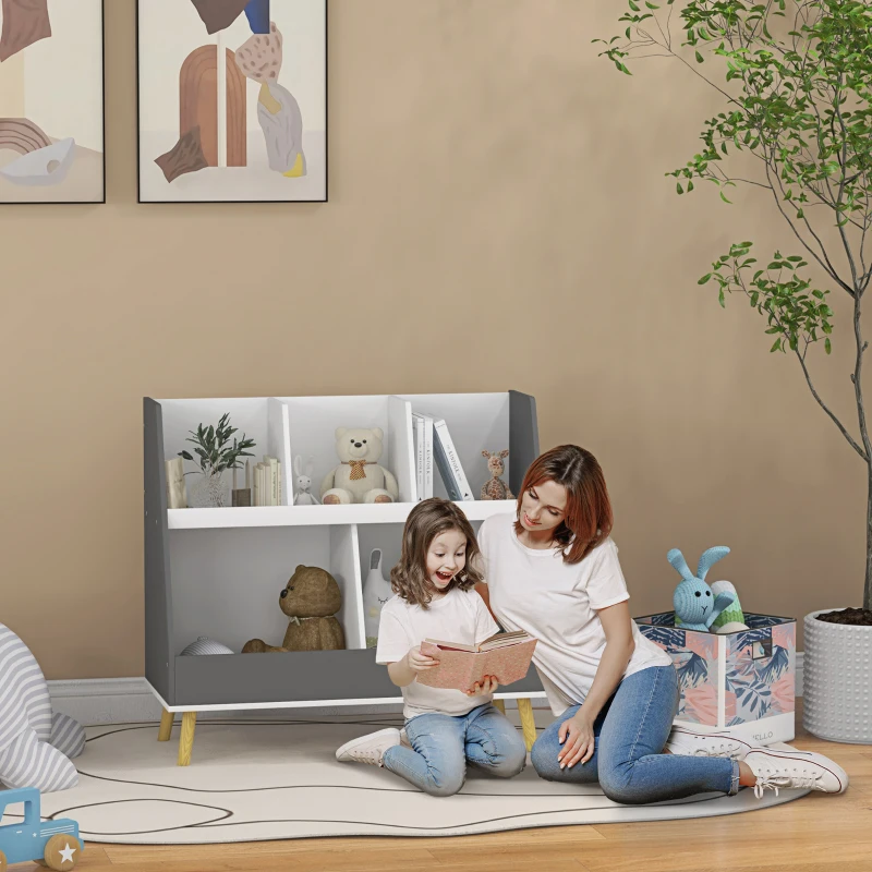 HOMCOM Comodă pentru depozitarea jucăriilor pentru copii cu 2 niveluri și 5 compartimente din lemn, 80x34x79cm, gri