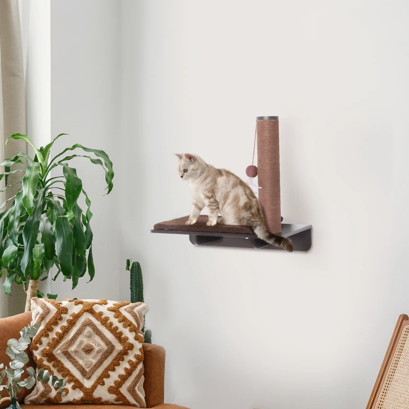 PawHut Kletterwand Katzen, Wandkratzbaum, Katzenliege mit Kratzbaum,53cm Katzenregal mit Ballspielzeug, Plüschauflage, Katzenkratzbaum, Katzensäule, Braun