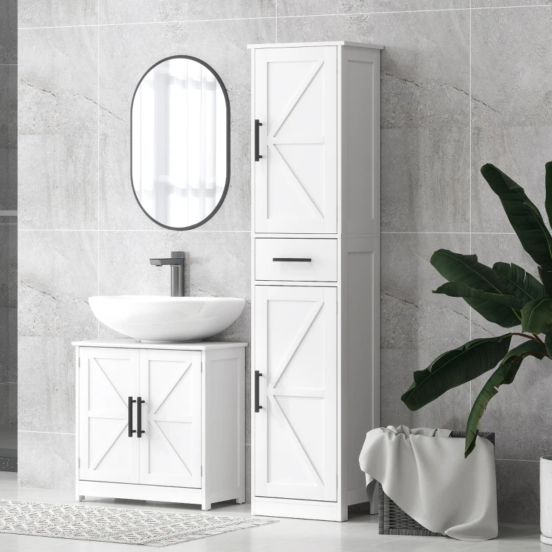 HOMCOM Coluna de Casa de Banho com 2 Prateleiras Ajustáveis Armário Alto de Casa de Banho Estreito Estilo Rústico 40x30x170 cm Branco