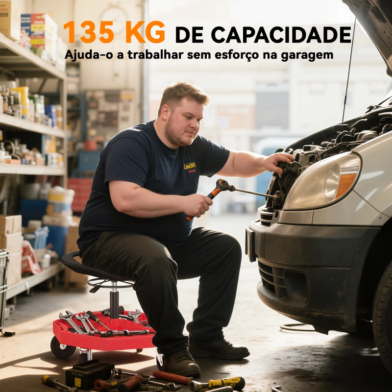 HOMCOM Banco de Oficina Móvel com Bandeja Magnética Altura Ajustável de 52–59,5 cm Carga 135 kg Banco para Mecânico com Rodas para Garagem Reparação de Automóveis Vermelho