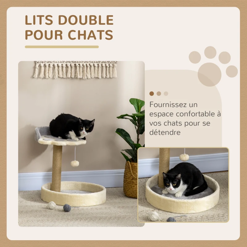 PawHut Arbre à chat griffoir grattoir en forme de patte 2 plateformes et un pompon suspendu hauteur 44 cm gris