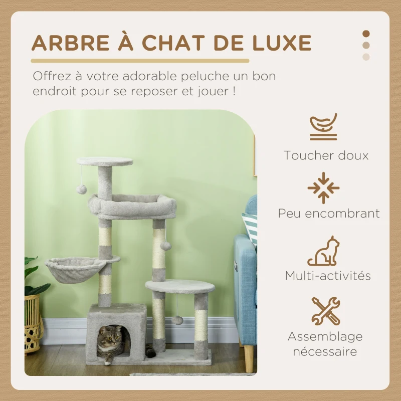PawHut Arbre à chat hauteur 104 cm centre d'activités multi-niveaux colonnes renforcées 3 boules suspendues gris clair