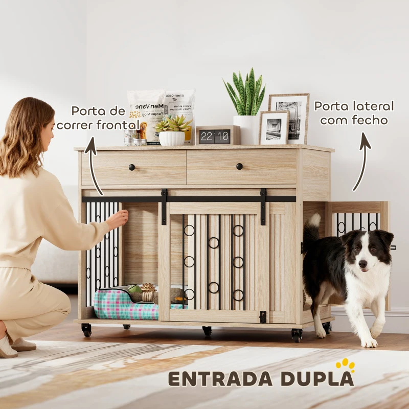 PawHut Gaiola para Cães Médios e Grandes Mesa de Apoio Moderna com 2 Gavetas 2 Portas e Fecho 100x56x81 cm Carvalho