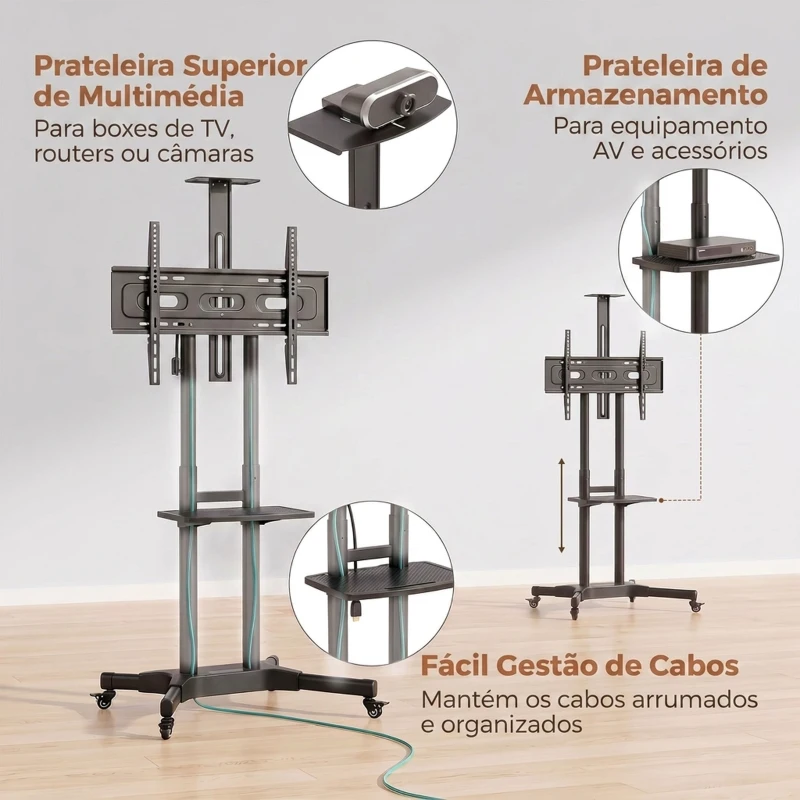 HOMCOM Suporte para TV com Rodas para Televisores de 32-75 Polegadas, Altura Ajustável, Rodas com Travão, VESA máx. 400 x 600 mm