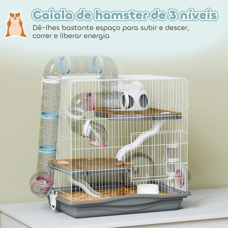 PawHut Gaiola para Hamster 45x30x45 cm com Túnel Plataformas Bebedouro Rampas e Roda de Exercício Cinzento