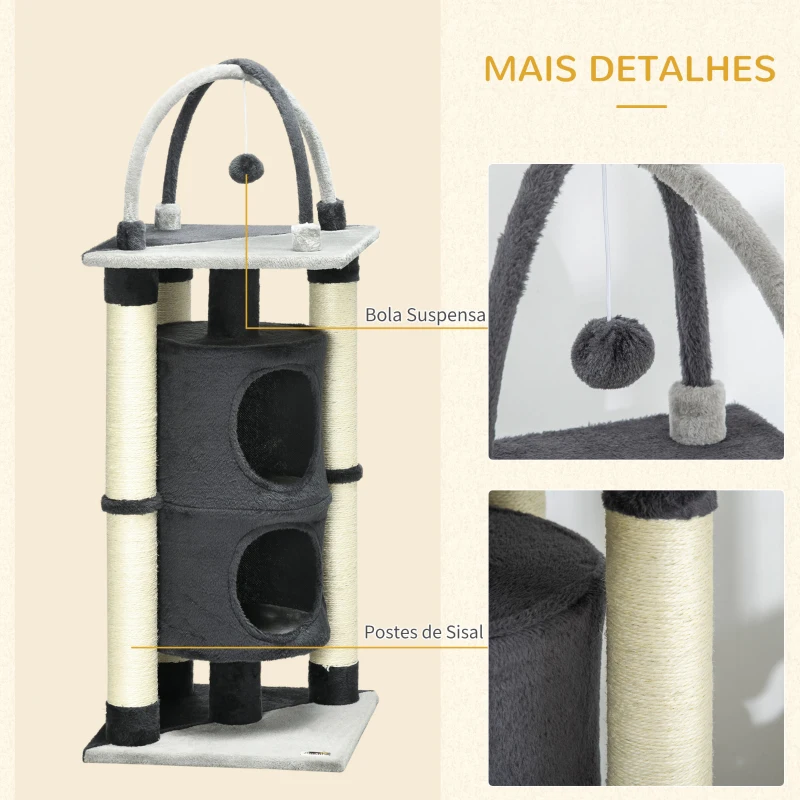 PawHut Árvore Arranhador para Gatos de 2 Níveis com Plataforma Postes de Juta e Bola Suspensa 39x39x114cm Cinza