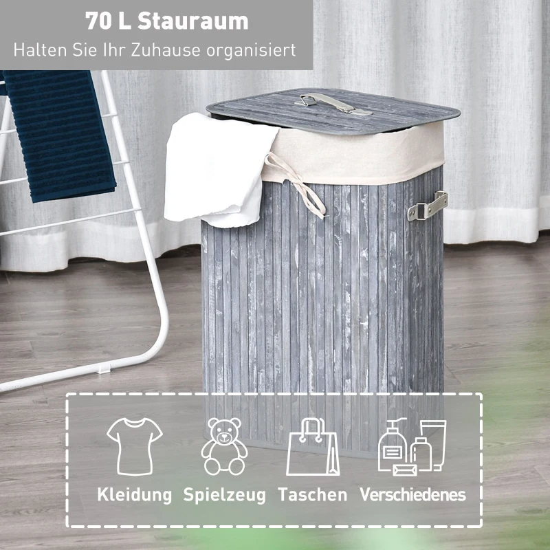 HOMCOM Wäschekorb schmal mit Deckel 72L Wäschesammler mit Griff, herausnehmbarer Wäschesack, Wäschebox für Waschküche Schlafzimmer Badezimmer, Grau