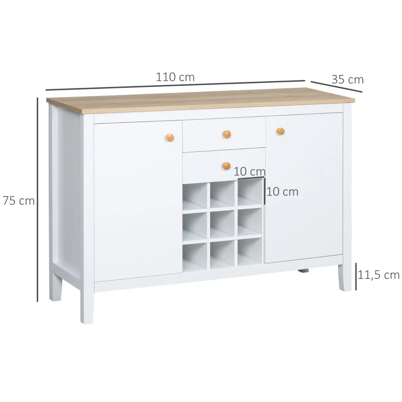 HOMCOM Aparador de Cozinha com 2 Gavetas 2 Armários com Prateleiras Ajustáveis e Suporte para 9 Garrafas 110x35x75 cm Branco e Madeira
