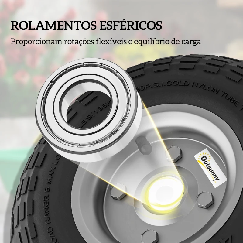 Outsunny Conjunto de 4 Rodas para Carrinho Pneus de Borracha Ø255 x 75 mm Eixo de 16 mm Carga 80 kg Preto