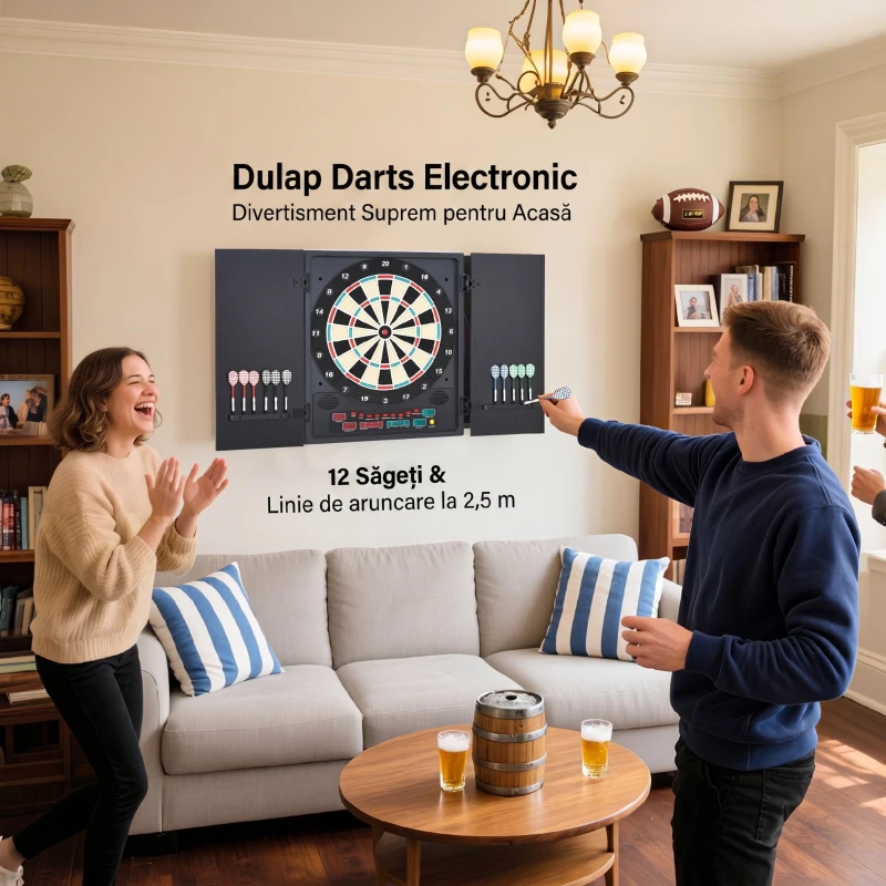 HOMCOM Țintă Săgeți Electronică cu Scor Automat, 12 Săgeți și 6 Display-uri, 51x6.5x57cm, Neagră