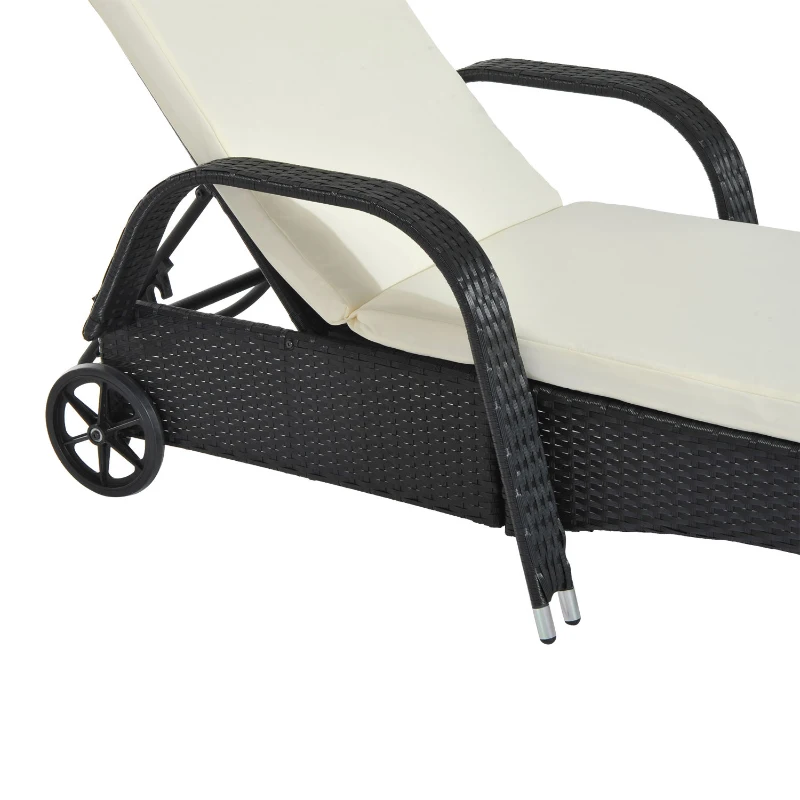 Outsunny Gartenliege mit Auflage, verstellbare Rückenlehne, Metallgestell, Polyrattan, schwarz+creme, 200 x 73 x 103 cm