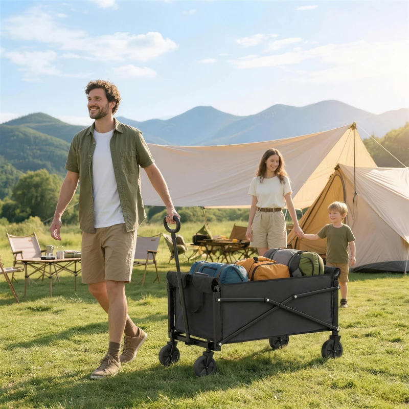 Outsunny 80L Festivalwagen auf Rädern, kompakter faltbarer Gartenwagen mit verstellbarem Griff, Schwarz