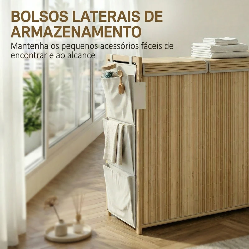 HOMCOM Cesto de Roupa Suja em Bambu com Tampa, 120L, com 2 Sacos com Cordão Removíveis e Laváveis, Bolsos Laterais 63x33x78 cm Madeira