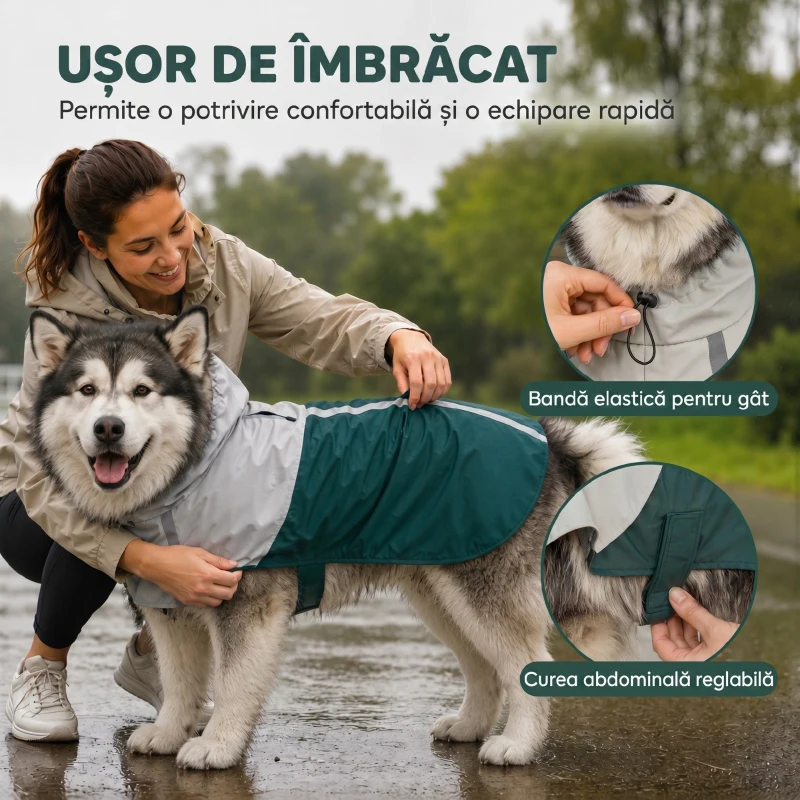 PawHut Impermeabil pentru Câini de Talie Foarte Mare, cu Glugă, Orificiu pentru Lesă și Benzi Reflectorizante, Verde