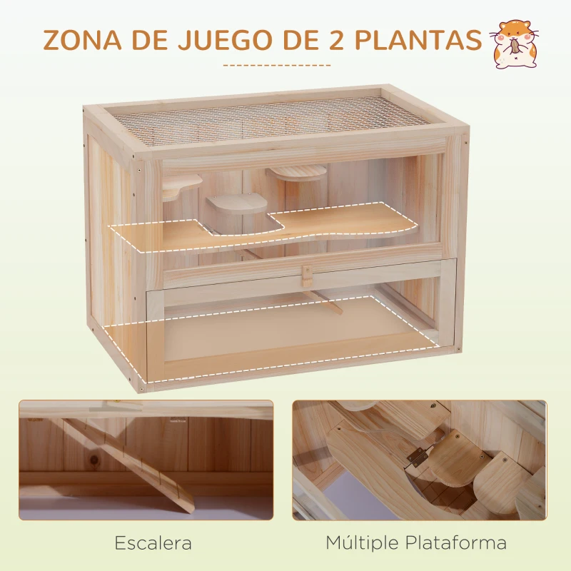 PawHut Jaula para Hámster de Madera de 2 Niveles Casa para Animales Pequeños con Plataformas Escaleras 60x35x42 cm Madera Natural