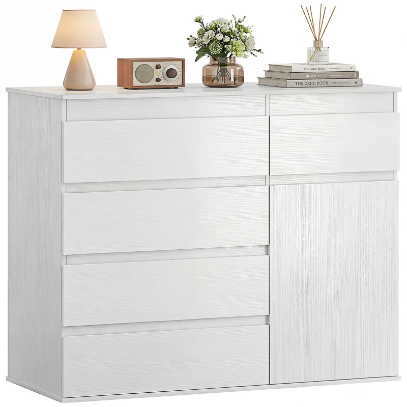 HOMCOM Commode 5 tiroirs, buffet salon, meuble de rangement, étagère réglable et porte à fermeture douce, 100x40x80cm, blanc
