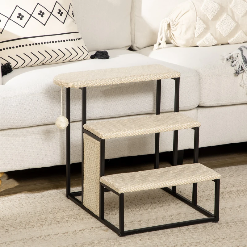 PawHut Escada para Cães com 3 Degraus Bola Suspensa Painel para Arranhar e Estrutura de Aço 47x45x47 cm Creme e Preto