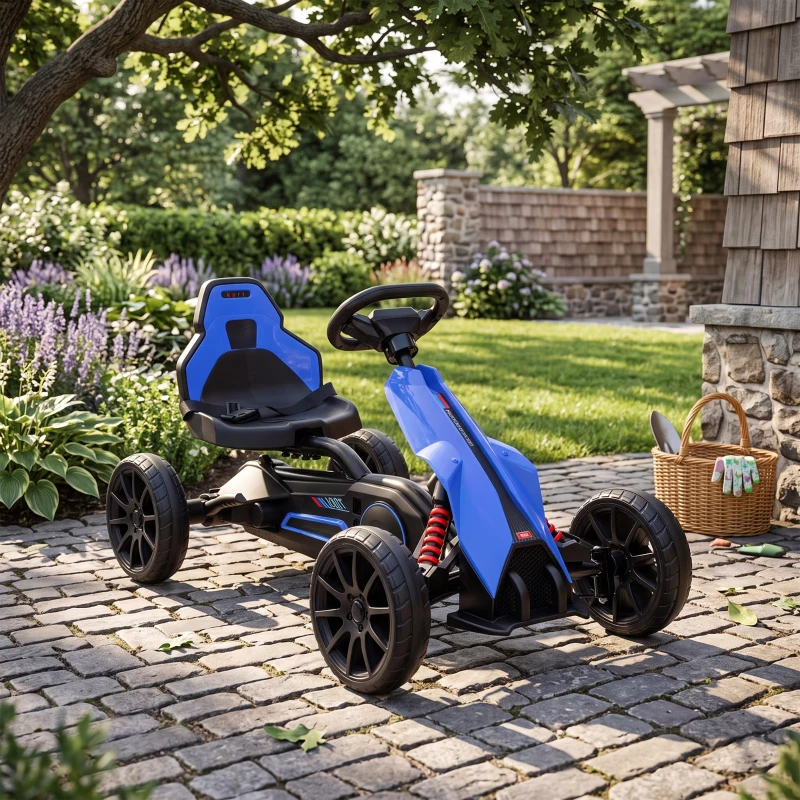 HOMCOM Go Kart cu pedale pentru copii 3-8 ani, cu scaun reglabil și roți EVA, 100x58x58.5 cm, albastru