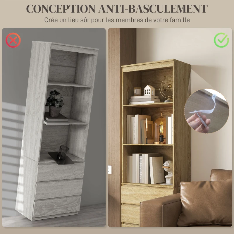 HOMCOM Bibliothèque haute de 180 cm avec 3 étagères et 3 tiroirs dim. 60L x 35l x 180H cm Panneaux Particules effet bois