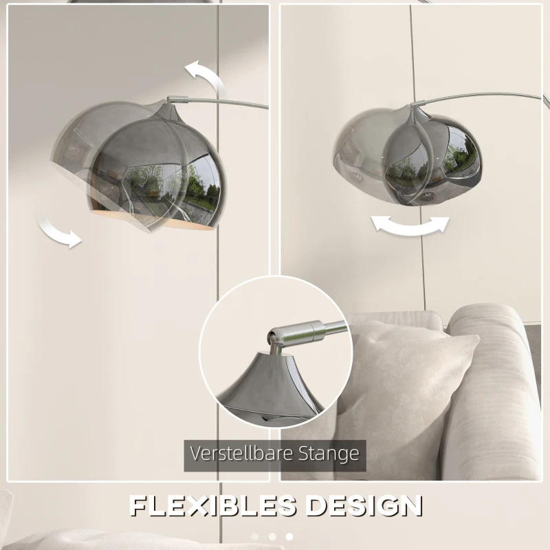HOMCOM Bogenleuchte, Stehlampe, höhenverstellbar, Fußschalter, Sockel in Marmoroptik, 170-180cm, Silber/Schwarz