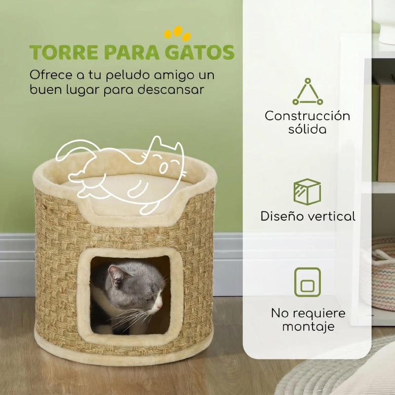 PawHut Barril Rascador para Gatos Altura 37 cm Torre para Gatos con Cueva y Cama Superior Cubierto de Sisal Caqui