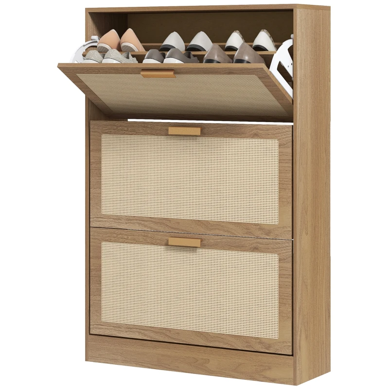 HOMCOM Dulap Pantofar pentru 18 Perechi de Pantofi cu 3 Sertare Rabatabile din Lemn și Ratan, 80x25x120 cm, Maro(m-12)