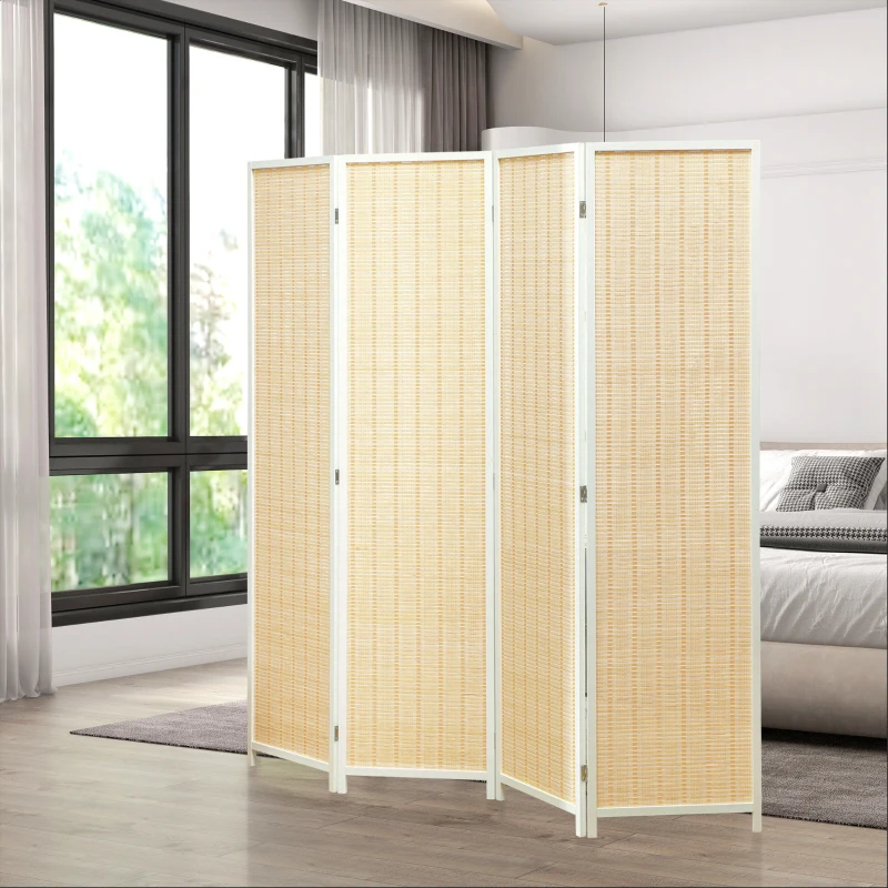 HOMCOM Biombo de 4 Painéis Dobrável Separador de Ambientes Tecido a Mão de Bambu e Fio de Algodão 180x180 cm Branco