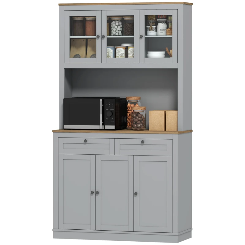 HOMCOM Armário de Cozinha com 3 Portas de Vidro Compartimento Aberto 2 Gavetas e Prateleiras Ajustáveis 100x40x180 cm Cinzento