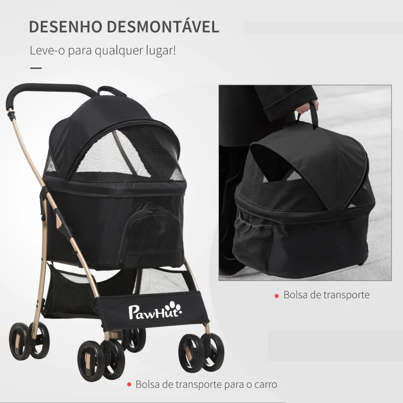 PawHut Carrinho para Animais de Estimação 3 em 1 Dobrável com Bolsa de Transporte Cesta de Armazenamento e Travão 82x49,5x98cm Preto