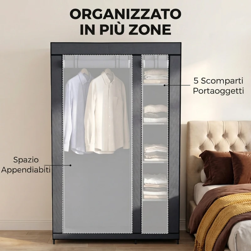 HOMCOM Armadio in tessuto con barra appendiabiti e 5 ripiani 110x45x175 cm, grigio