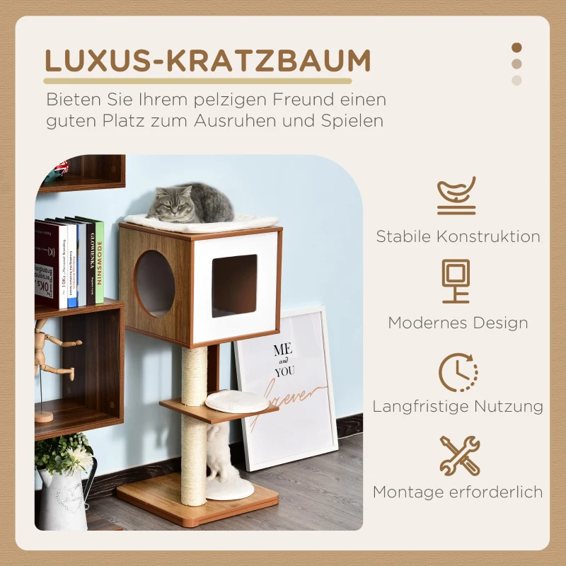 PawHut Kratzbaum Katzenbaum Katzenmöbel mit Höhle & Sisalpfosten 4 Kissen MDF 50 x 40 x 91 cm