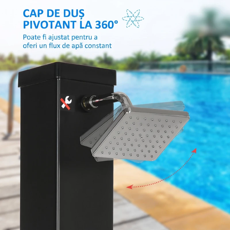 Duș Solar Outsunny de Grădină 40L și Temperatură 60°C, Cap Rotativ și Robinet pentru Picioare, Negru