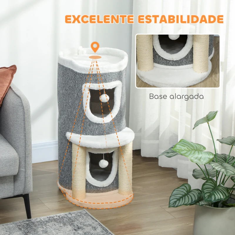PawHut Arranhador para Gatos com Cama 2 Cavernas Postes de Sisal Tapete de Arranhar e Bolas para Brincar 50x36x76 cm Cinzento