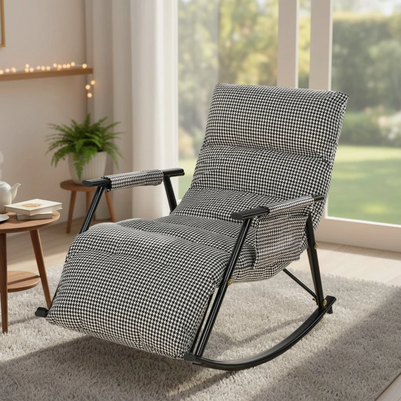 HOMCOM Poltrona Baloiço com Encosto e Apoia-Pés Ajustáveis 105° Estofada em Linho com Bolso Lateral e Estrutura de Metal Preto e Branco
