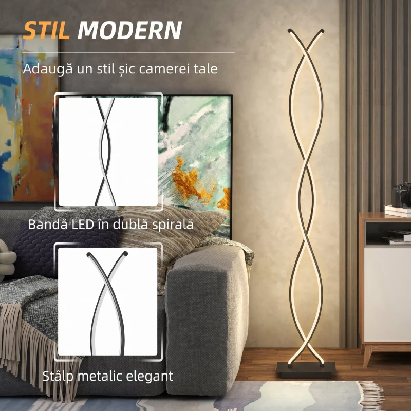 HOMCOM Lampă de Podea LED cu Spirală Dublă, Negru