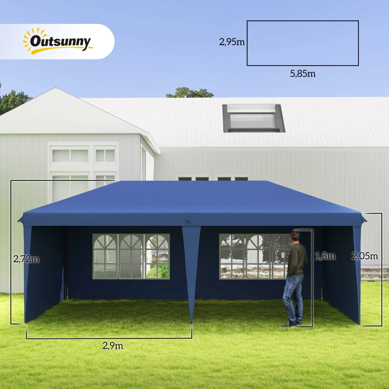 Outsunny Tenda Dobrável 6x3 m Pop-up com 4 Laterais Desmontáveis Tenda de Jardim com 2 Janelas Visíveis Saco de Transporte Azul